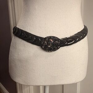Womens Hammered Metal Stretch Belt Rhinestone Buckle Size M/L